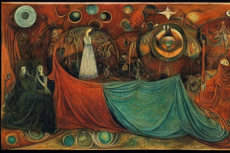 Prompt: the wake of the unseen object,by Leonora Carrington and ford madox brown, symbolist, dramatic lighting, elaborate geometric ornament, cool blue and green colors, Art Brut, smooth, sharp focus, extremely detailed