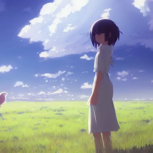 Image similar to a cute fantasy creature in a field with clouds in the sky by Makoto Shinkai