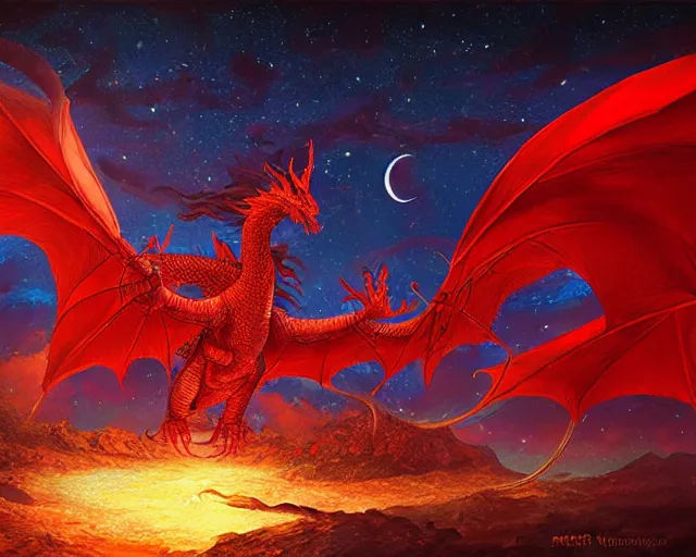 Image similar to red shivan dragon against starry night, illustration, by ( kieran yanner ) ( miranda meeks ) ( anna podedworna ) ( cristi balanescu ), digital art
