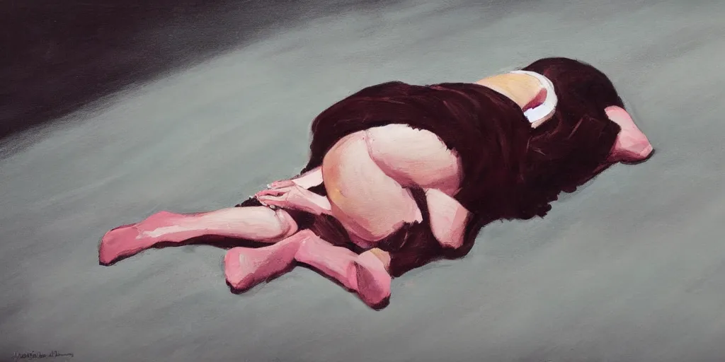Prompt: painting of sad woman in fetal position lying on the floor