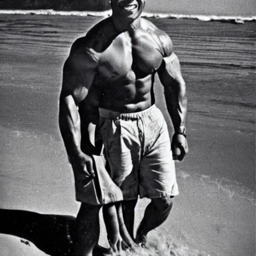 Image similar to a 1940s photograph of Dwayne Johnson having a lovely day at the beach