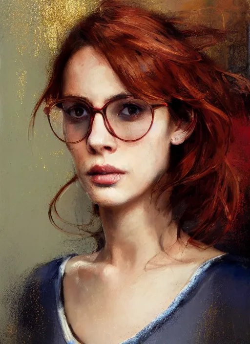 Prompt: portrait of a beautiful woman with red-brown hair in a loose bun, wearing rounded glasses, with sparkling hazel eyes, by Jeremy Mann, stylized, detailed, loose brush strokes, pastel colors, warm tones, touches of gold leaf