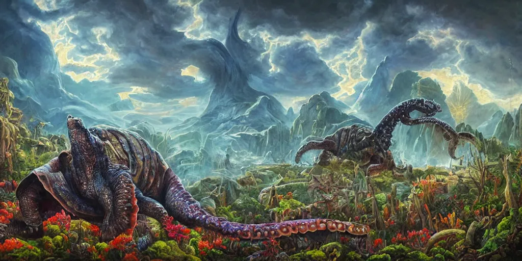 Image similar to fantasy oil painting, great leviathan, cybernetic turtle cephalopod terrapin reptilian pachyderm squid, bella hadid, hybrid, milla jovovich, anubis, epic natural light, lush plants flowers, spectacular mountains, bright clouds, luminous sky, outer worlds, golden hour, michael cheval, edward hopper, michael whelan, vray, hd