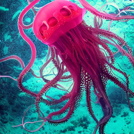 Image similar to underwater photograph of a human faced jellyfish on shallow waters, strange, hyper detailed, fractal, mutant, tendrils, tentacles, glowing, tropical, crystal waters, reef