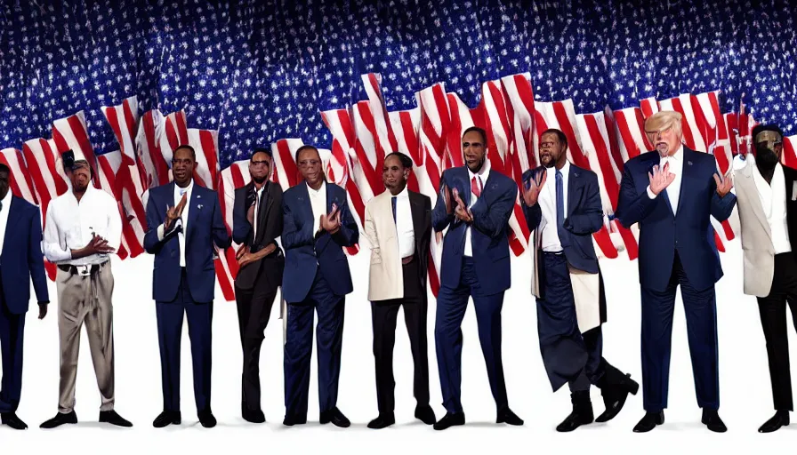 Image similar to hyperrealistic photograph of joe biden, donald trump, will smith, chris rock, kanye west, and pete davidson pledging allegiance, photorealism,