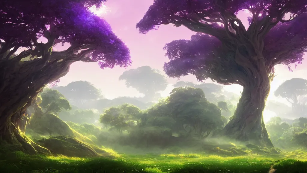 Image similar to giant violet tree overarching green plains, view from the ground, waves of energy, by sylvain sarrailh, rossdraws, ambient light, ultra detailed, fantasy artwork, 8 k, volumetric lighting, trending on artstation, award winning, very beautiful.