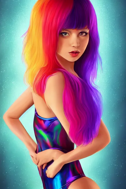 Prompt: beautiful full body portrait of a rainbow hair woman wearing a sparkling cherry color one piece swimsuit, pixie haircut wlop, artgerm, artstation, backlit, marble background