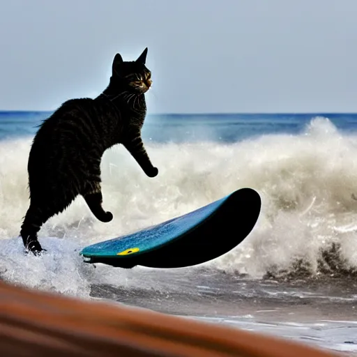 Image similar to cat nonchalantly surfs a gnarly wave,