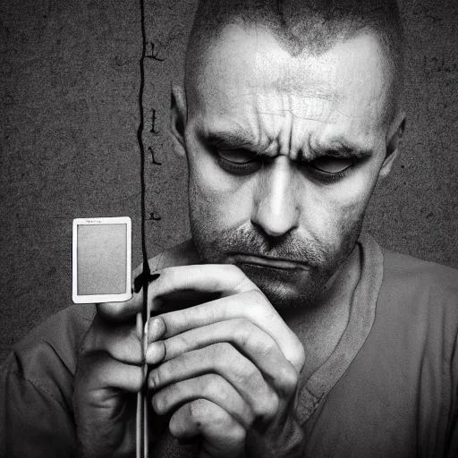 Image similar to sad prisoner holding ipad, prison cell, photorealistic, frustrated expression, dark mood, hopelessness, gloomy