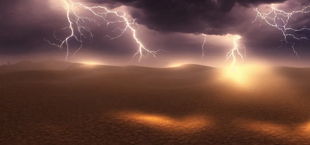 Image similar to a beautiful picture of a desert, intricate detail, god rays, an extremely close lightning strike, sunset, serene, volumetric lighting, volumetric clouds, 8 k, hyperrealistic, digital art trending on artstation