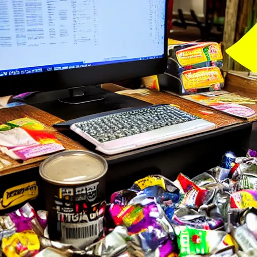 Image similar to a computer desk with screen mouse and keyboard covered and piled with discarded food and crushed soda cans and used chocolate wrappers