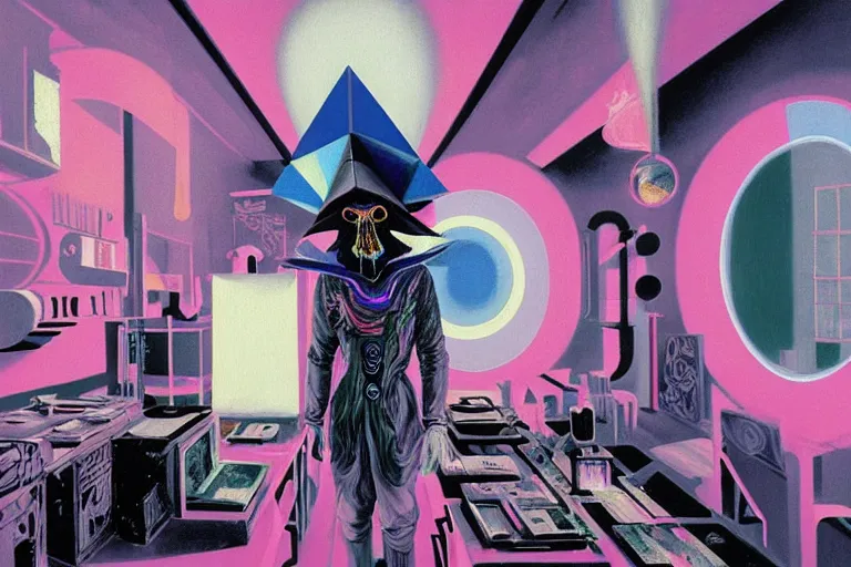 Image similar to a highly detailed beautiful masterpiece painting of a technomancer wizard in dazzle camouflage robes with pointed hood tampering with the world engine in his laboratory near a computer by Remedios Varo and Anato Finnstark and Greg Rutkowski and Andy Warhol, dayglo pink, dayglo blue, prismatic, pearlescent white, raven black, hyperrealism, 8k, trending on ArtStation, rendered in Octane, rendered in Unreal engine, award winning, volumetric lighting