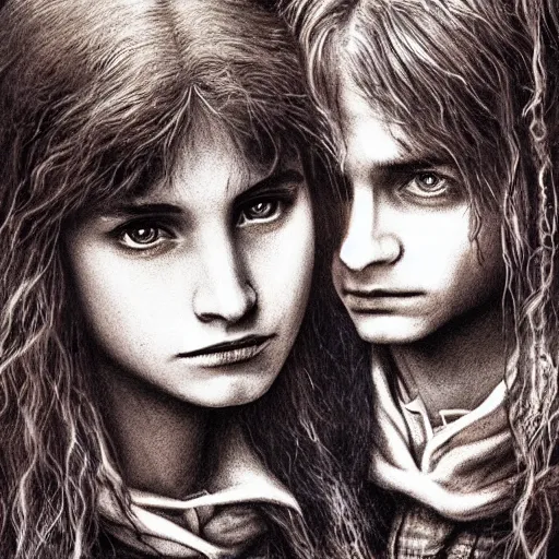 Prompt: Harry Potter and Hermione in Venice, symmetrical face, beautiful eyes, by Luis Royo, instagram photo, 4k, 8k, trending on artstation, artstationHD,