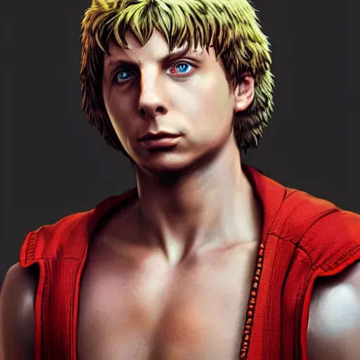 Image similar to michael cera as ken masters street fighter, ultra realistic, concept art, intricate details, highly detailed, photorealistic, octane render, 8 k, unreal engine, art by frank frazetta, simon bisley, brom