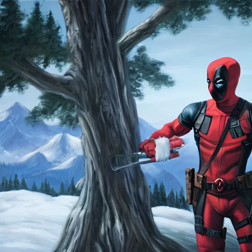 Image similar to a closeup photorealistic photograph of bob ross working on a canvas painting of deadpool. film still. brightly lit scene. mountains and trees. this 4 k hd image is trending on artstation, featured on behance, well - rendered, extra crisp, features intricate detail, epic composition and the style of unreal engine.