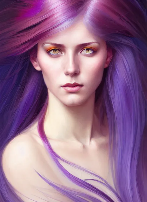 Image similar to Portrait of a woman with bright colored flying hair, all shades of purple. Hair coloring, amber eyes, face, long hair, fantasy, intricate, elegant, highly detailed, digital painting, artstation, concept art, smooth, sharp focus, illustration, art by artgerm and greg rutkowski and alphonse mucha