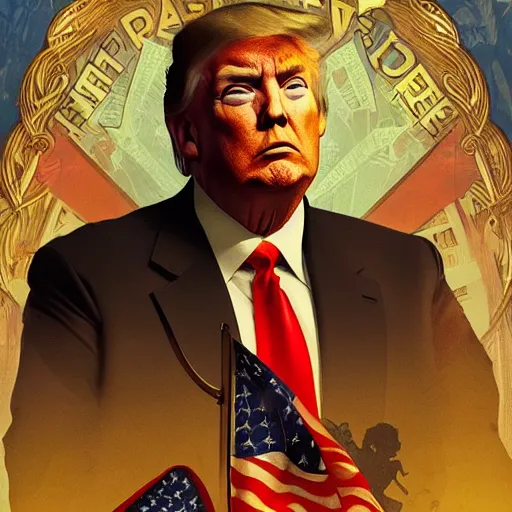 Image similar to donald trump standing under a communist flag, digital art, heroic, illustrated by alphonse mucha, wlop, greg rutkowski, 4 k, extremely detailed, cinematic lighting, trending on artstation,