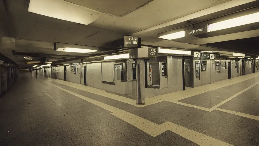 Prompt: kodachrome sample photo of an empty subway station