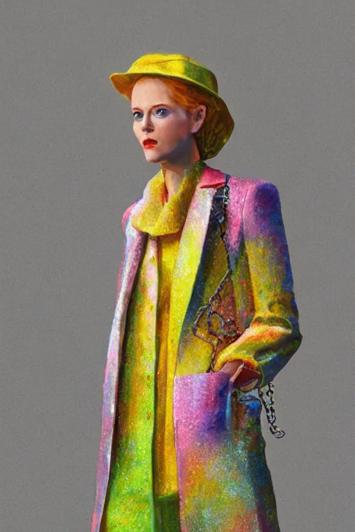 Prompt: a scene with a character wearing a super colorful muted color diy! suit, and a transparent trenchcoat with a lot of pockets and details, super intricate jewelry, vivienne westwood!, detailed photoreal render octane render, pointillism, oil on canvas