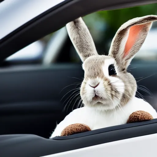 Image similar to a cute bunny driving a convertible, studio photo, high quality