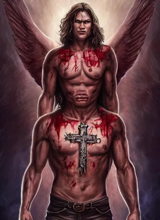 Prompt: Sam Winchester as a half-muscular half-blood angel with a big cross pendant and religious tattoos on chest and neck, stained and bleeding, magic overlays, magic flames, open portal with runes in the background, romance book cover style, D&D illustration style, (octane render) fantasy style, sharp focus, ultra detailed, art by Artgerm and Peter Andrew Jones, Ayami Kojima, Amano and Olivier Ledroit