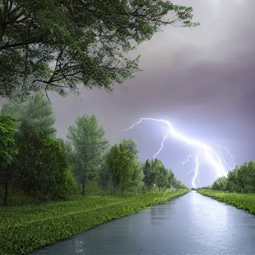 Image similar to a hyper realistic image of a river going between the trees and it is raining heavily and in the cloud you can see lightning 3 d