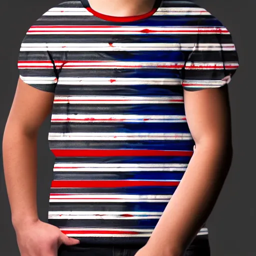 Prompt: red blue stripes t shirt attractive teenager buzz cut hunter eyes high - quality highly detailed photo realistic 8 k