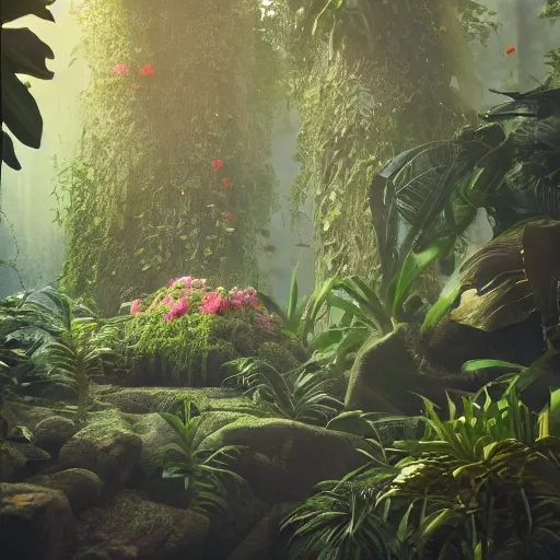 Prompt: Skull and jungle environment many flowers, atmospheric, octane render, 8k, cinematic, hyperrealism, artstation, HDR, cgisociety, smooth, volumetric lighting