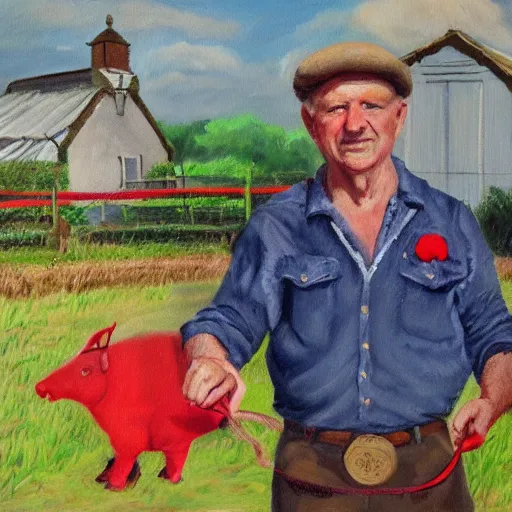 Image similar to a proud englishman farmer showing off his prized red ribbon hog at the county fair, oil painting