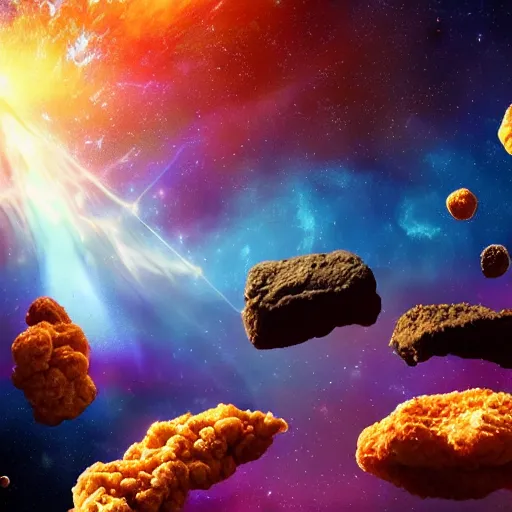 Prompt: Asteroids in space made of chicken nuggets. Space. Nebula. planets. starfield. photorealistic, 8k, cinematic, lens flare