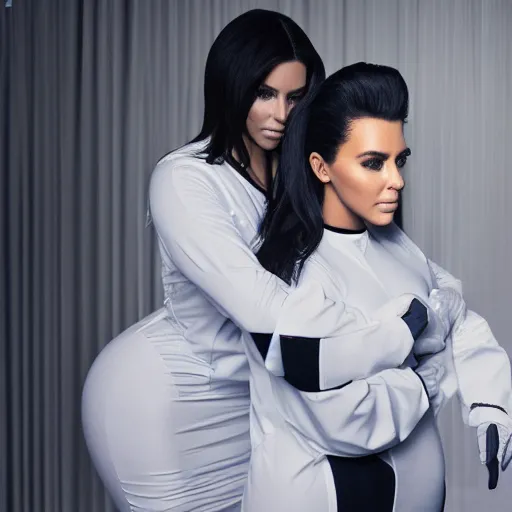 Image similar to johnny cash hugging kim kardashian, kim wearing a skintight nurse outfit, real photo, photoshooting, studio light, hospital background, intricate, epic lighting, cinematic composition, hyper realistic, 8k resolution, unreal engine 5