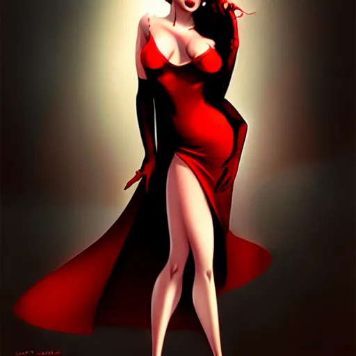 Image similar to femme fatal noir jessica rabbit red dress, character portrait, sharp, digital matte painting, art by luis royo, greg rutkowski, wlop, dramatic lighting, trending on artstation