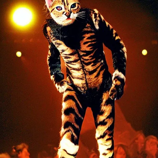 Image similar to 📷 john partridge playing rum tum tugger, spike collar, fluffy neck, cats the musical 🎶, 1 9 9 8 version, professional cat - like makeup, stunning choreography and lighting