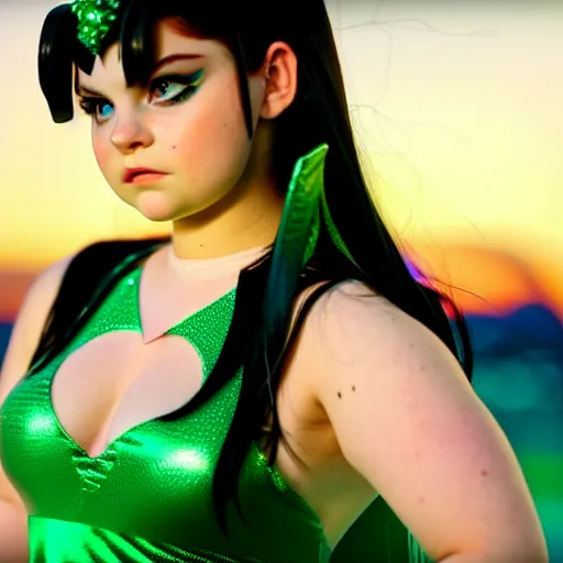 Image similar to cinematic scene with ariel winter as jolyne from jojo's bizarre adventure, live action film, stone ocean, dramatic, small details, volumetric lighting, still frame