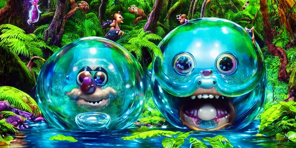 Prompt: of an intricate rainforest crystal rocky lake with strange cute goofy creatures with huge eyes, long tongue, square teeth and big nose appearing from the water, in the style of jeff koons, macro lens, shallow depth of field, highly detailed, digital painting, trending artstation, concept art, illustration, cinematic lighting, vibrant colors, photorealism, epic, octane render