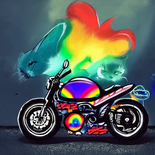 Image similar to wide angle full body, jacket wearing fluffy cute rainbow kitten wearing a black leather motorcycle jacket, riding on a motorcycle, cinematic concept art