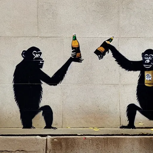 Image similar to display of 2 apes holding champaign bottles, money falling from the sky, made by banksy