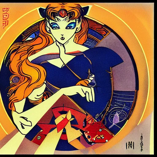 Prompt: sailor moon. graphical work by anatoly fomenko and bilibin and giger and lissitzky