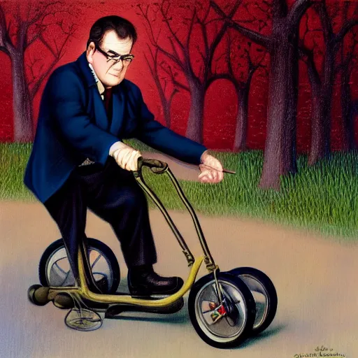 Prompt: Miles O'Brien on a tricycle, lowbrow painting by Mark Ryden