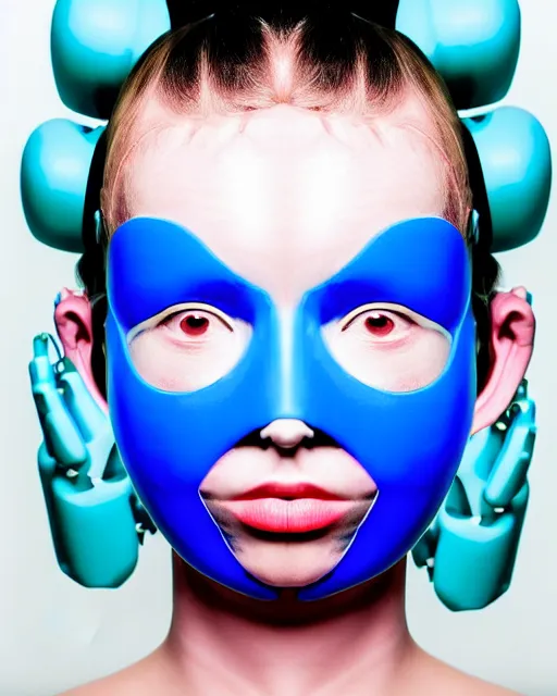Prompt: symmetrical close - up portrait of a woman wearing a neon blue silicone beauty mask and hair rolls, wearing a black bodysuit by alexander mcqueen, cream white background, biotechnology, humanoide robot, bjork aesthetic, translucent, by rineke dijkstra, masterpiece,