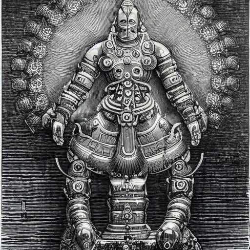 Prompt: a detailed engraving of a giant hindu robot god in the style of gustave dore