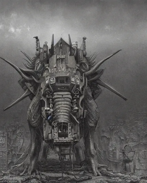 Image similar to dieselpunk baphomet in town, vintage old, sepia, retrofuturism sci - fi old movie, highly detailed, photorealistic, 8 k, by beksinski and stalenhag