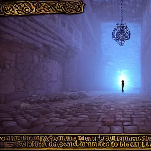 Image similar to a man holds a torch and explores a Dungeon, luminous,Screenshot from a videogame