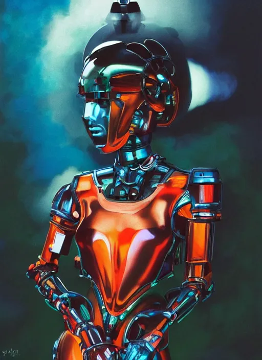 Image similar to ( ( symmetry ) ) closeup portrait of a chrome mech cyborg girl, fashion racer jumpsuit with shoulder pads, cinematic light, windy, teal orange, ( volumetric smoke ), mist, by gerald brom, by mikhail vrubel, by peter elson, muted colors, extreme detail, trending on artstation, 8 k