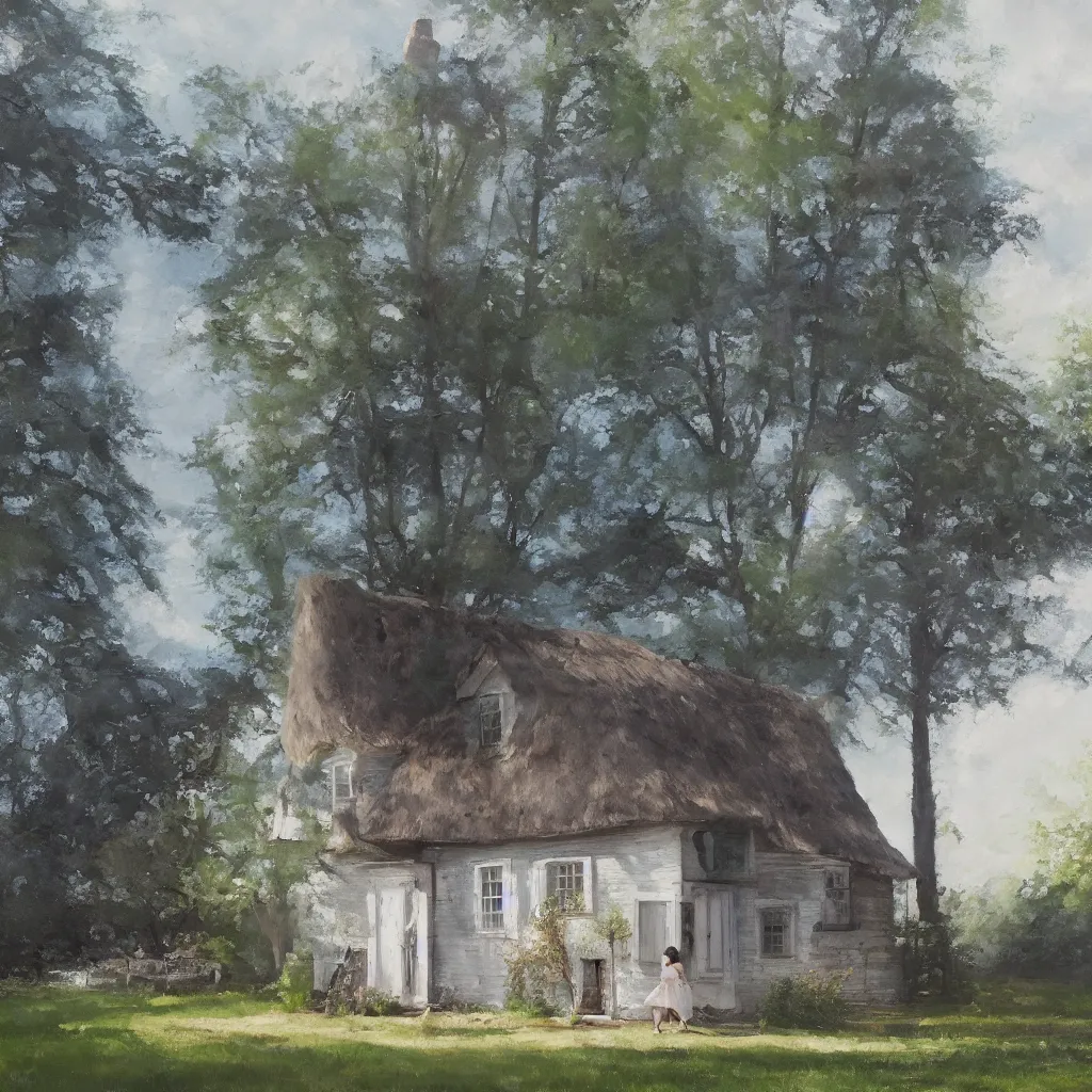 Prompt: cottage with emma watson standing close in front, aesthetic, oil painting, pale colors, high detail, 8 k, wide angle, trending on artstation,