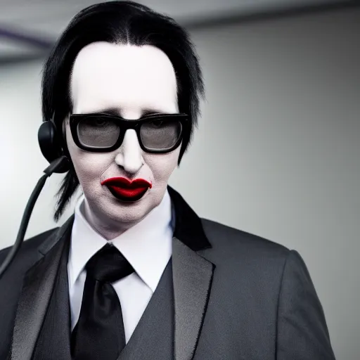 Prompt: Marilyn Manson, wearing office attire, working in a call center, portrait photography, bokeh, depth of field, 4k