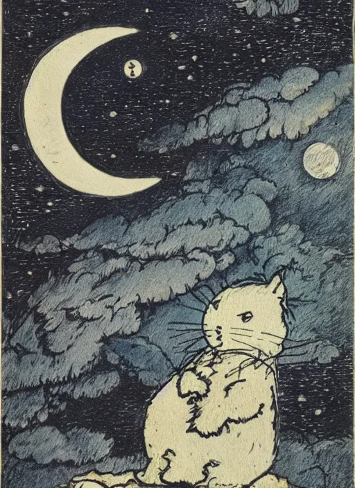 Image similar to night sky, stars, moon prominently in the center, surrounded by clouds, landscape, illustrated by peggy fortnum and beatrix potter and sir john tenniel