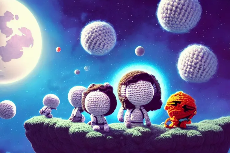 Image similar to an expedition of crochet cute astronauts discovering a new fluffy planet made out of yarn. cute, illustration, digital art, inspired by little big planet, by greg rutkowski, detailed, sharp, masterpiece, highly detailed, photorealistic, octane render, 8 k, unreal engine 5, trending on artstation, vivid colors