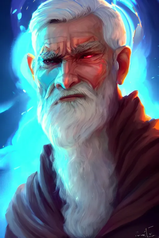 Image similar to a human elemental sorcerer, mountainous setting, colorful magic effects, white skin, portrait, old man, sharp focus, digital art, concept art, trending on artstation, dynamic lighting, by emylie boivin