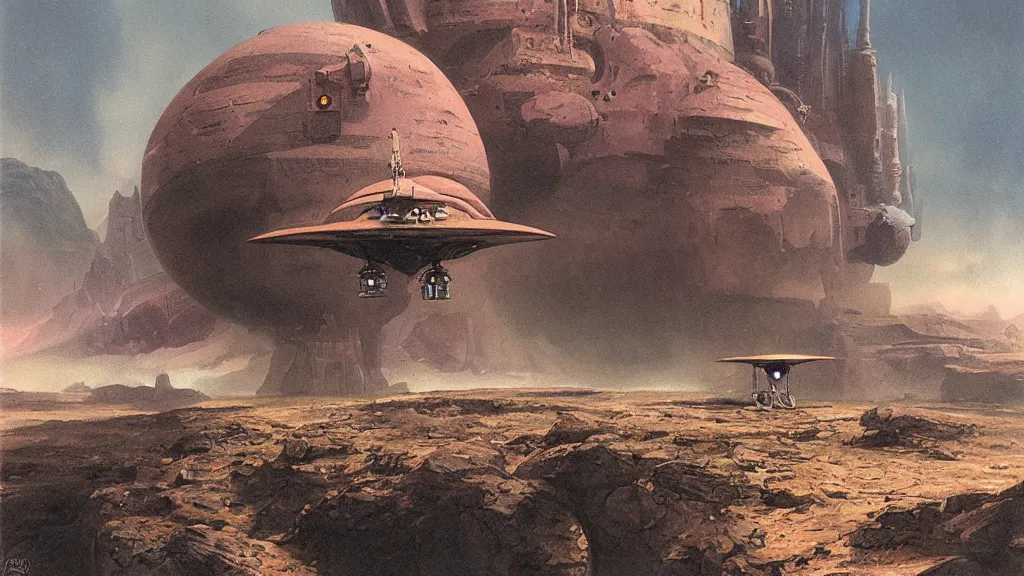 Image similar to small organic dropship lander by john schoenherr and jim burns, epic cinematic matte painting